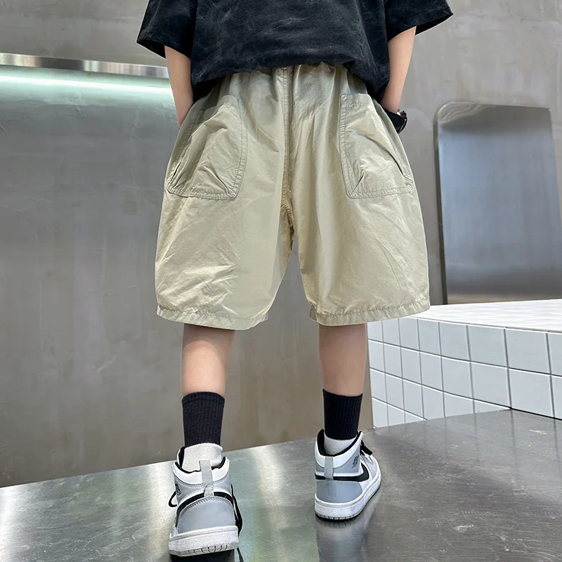 Kids Casual Solid Color Cargo Shorts for Tween Boys Khaki Black Summer Shorts Teenage Child Brief Knee-Length Pants Age 5-14Y