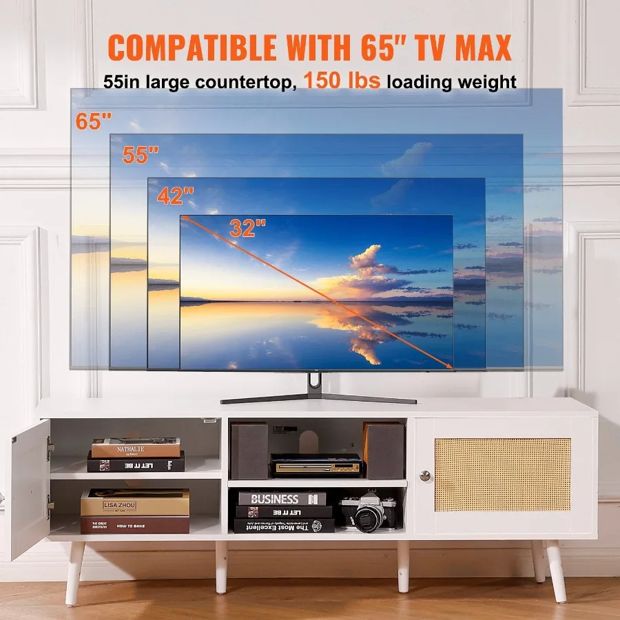 Rotan TV-standaard voor 65 inch TV Boho TV-standaard met Rotan Deur Entertainmentcentrum met ingebouwde aansluiting en USB-poorten Moderne TV