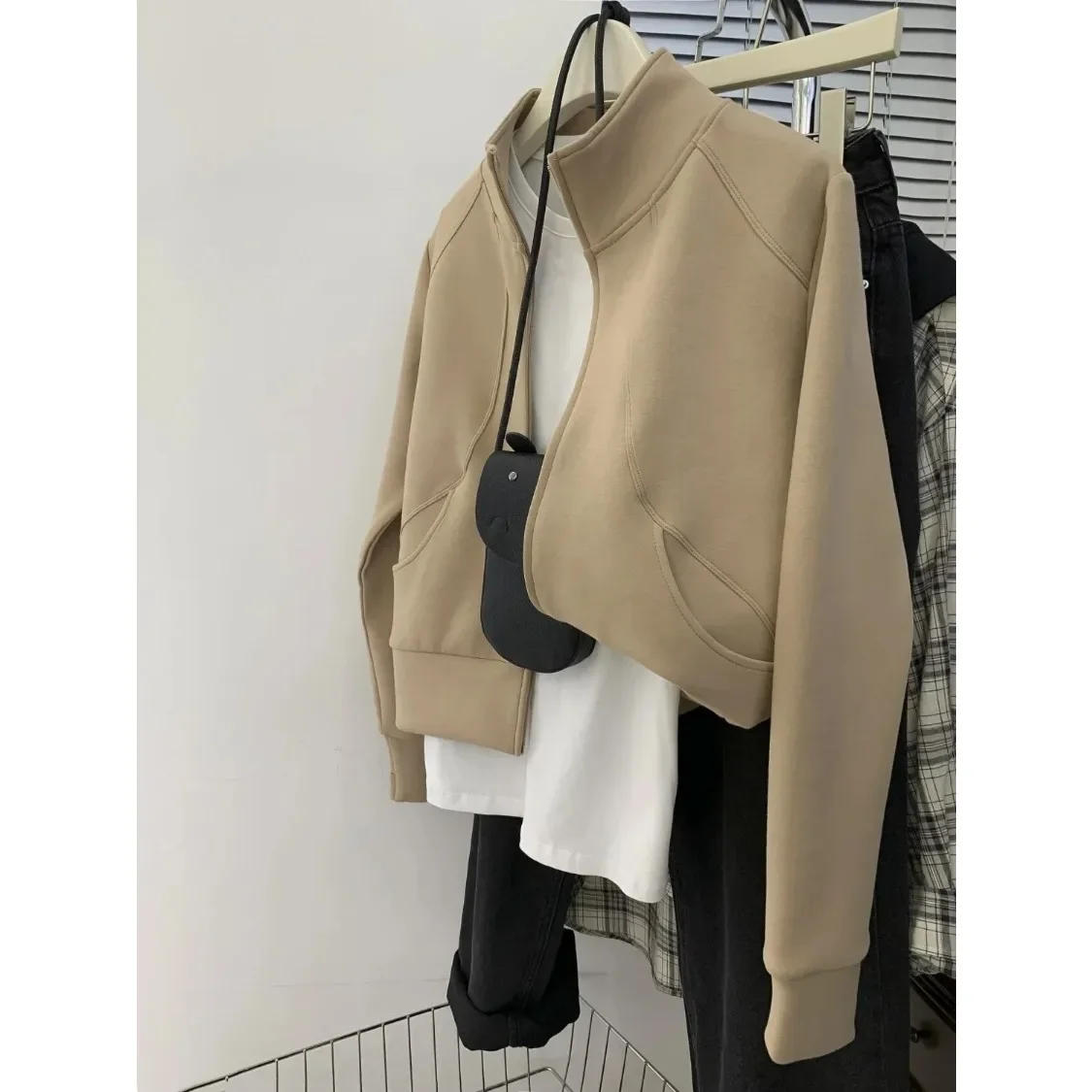 Cárdigan grande con cremallera y cuello de pie para mujer, chaqueta con capucha de manga larga, Top suelto y versátil para primavera y otoño