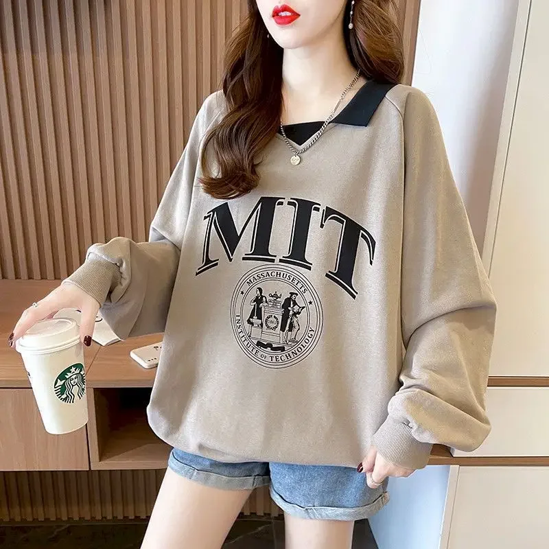 

Chic Design Sense Polo Pullovers Women Casual Mid-length Top Spring Autumn Trend Thin Pullover Loose Fake Two-piece Tshirt Y2k