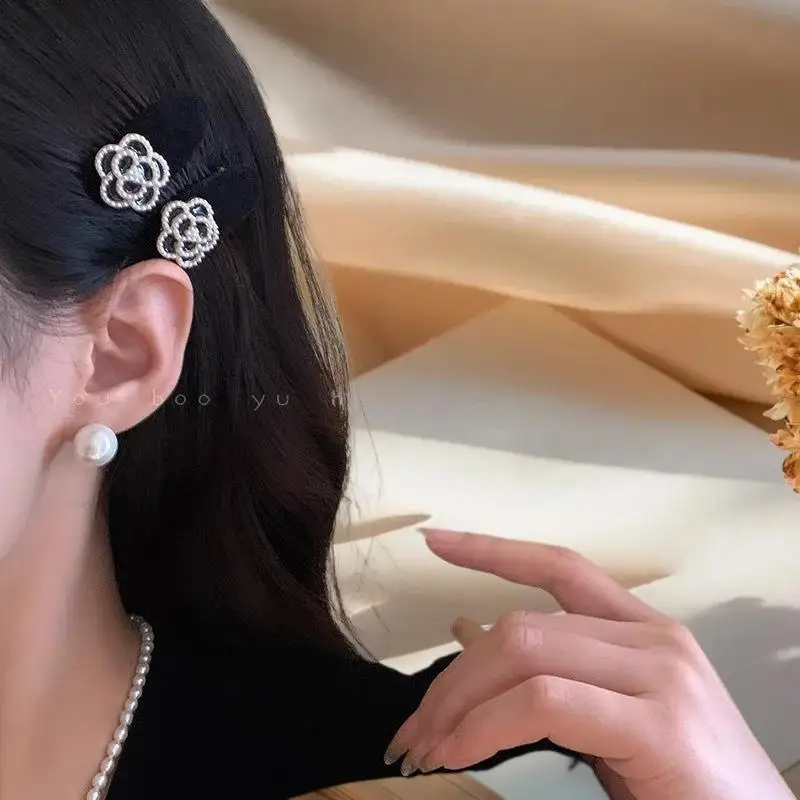 2/4 pçs pérola camélia hairpin, preto branco reunido lado bang clip, elegante testa clipe de luto funeral acessório de cabelo