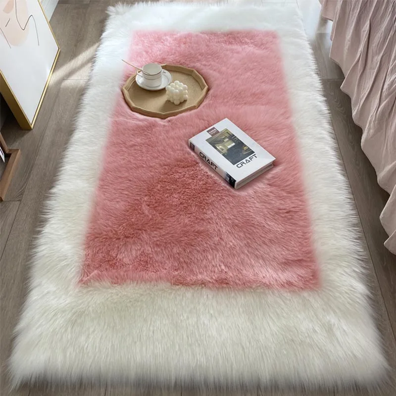 Pink Color Faux Sheepskin Bedside Carpet Warm Hairy Wool Carpet Fluffy Area Rugs Washable Sofa Chair Cushion Rugs Bedroom Carpet