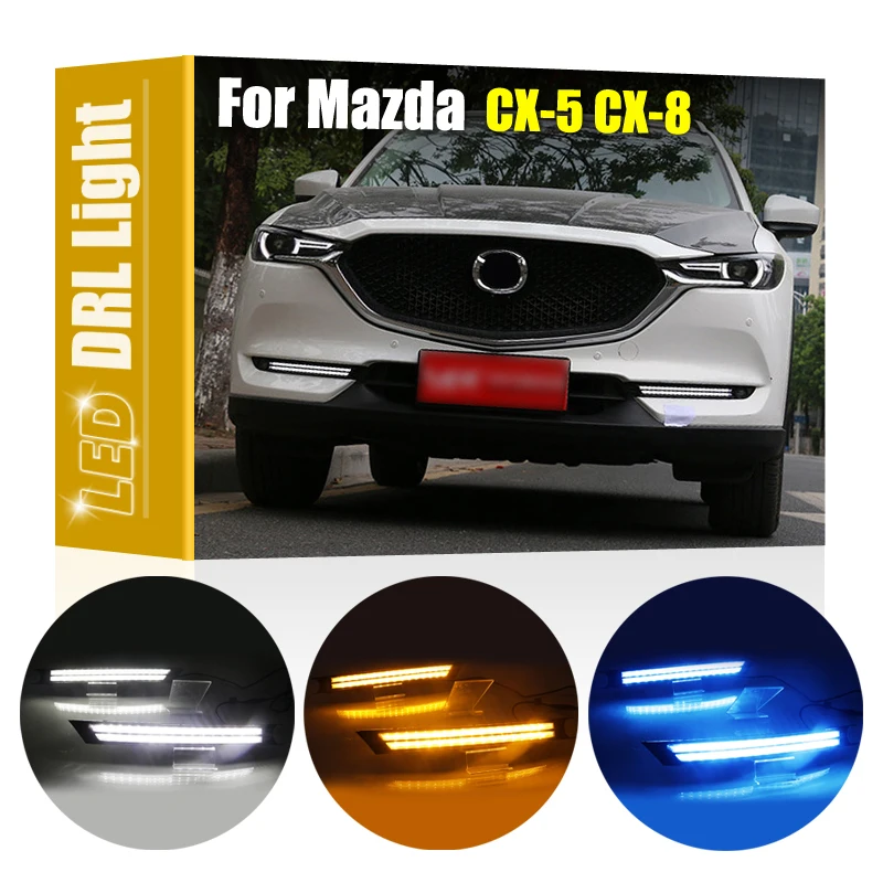 2Pcs 3 Functions White DRL Daytime Running Light Turn Signal Indicator Blue Night Driving Light For Mazda CX-5 CX-8 2017-2021