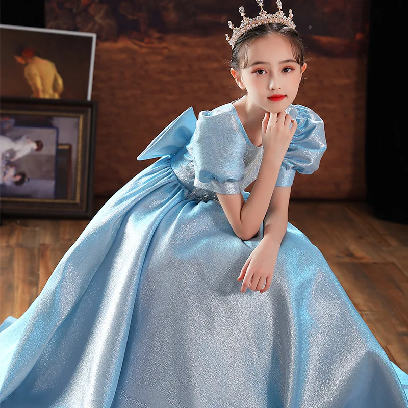 Elegant Party Dress for Teenagers Children Back Big Bowknot Plain Ball Gowns Kids Evenning Birthday Pageant Ceremonial Dresses