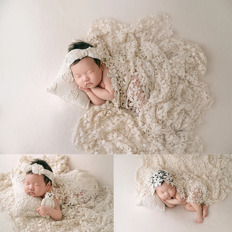 2025 Summer Newborn Photography White Lace Theme Bow Hairband Doll Accessories Newborn Photography Memorial Artistic Photo Props