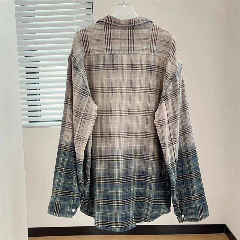 قميص نسائي 2025 صيف جديد متدرج بياقة ضيقة وأكمام طويلة بلوزة نسائية منقوشة من القطن الخالص عالي الجودة معطف رقيق