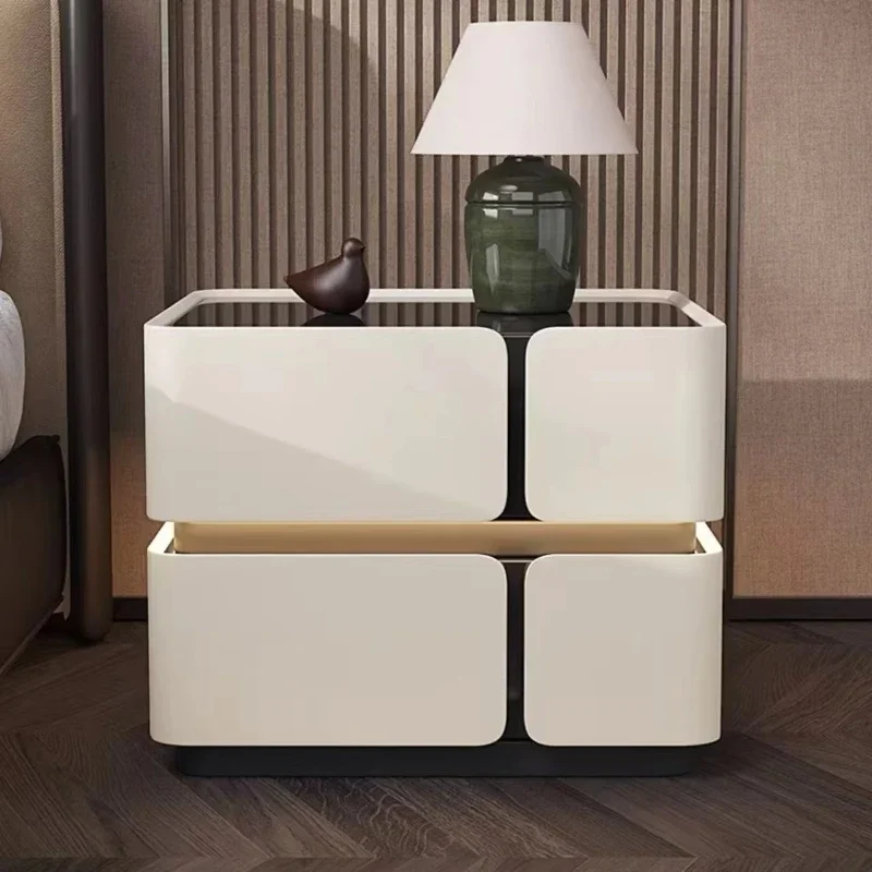 

New smart lighting simple solid wood small storage bedside table light luxury modern cream bedroom