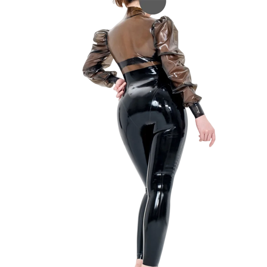 Sexy Latex Gummi Women Men Transparent Black Catsuit Rubber Bodysuit with Puff Sleeves Handmade Jumpsuit S-LC374