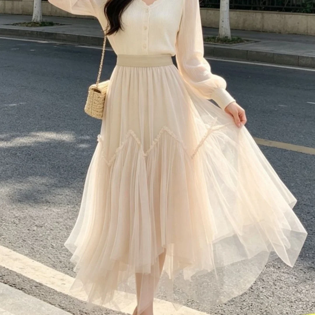 Eleganter Tüll-Midirock, Feenartiger Netzrock, unregelmäßiger, flauschiger Rock, Party-Herbst-Ballkleid, süßer, gestufter Rock mit elastischem Bund, A-Linie – Detail 5