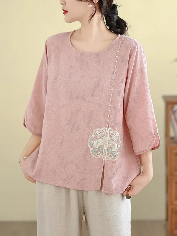 

Повседневная свободная женская футболка большого размера с вышивкой и бисером, с рукавом до локтя, круглым вырезом, из хлопка и вискозы