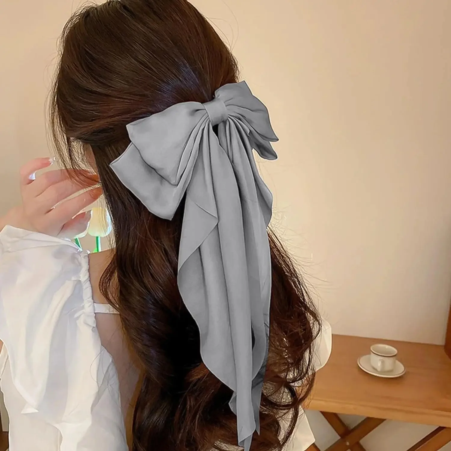 مشبك شعر أنيق كبير بشريط فيونكة للنساء ، دبابيس شعر بسيطة من الساتان بلون واحد ، مشابك فيونكة ، إكسسوارات شعر ، 6: