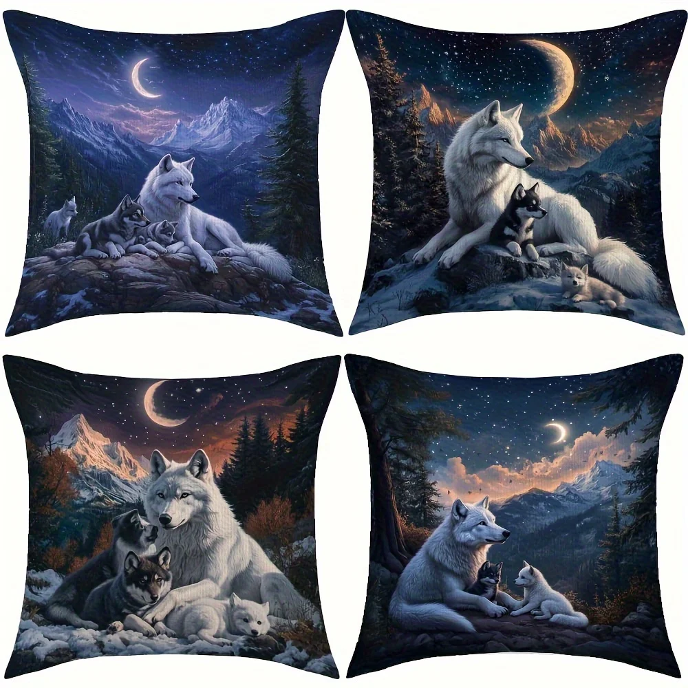 4Pcs Wolf Family Pillow Covers 45x45cm Double-sided Printed Moon Mountain Night Scene Cushion Cases Animal Lover Decor No Insert