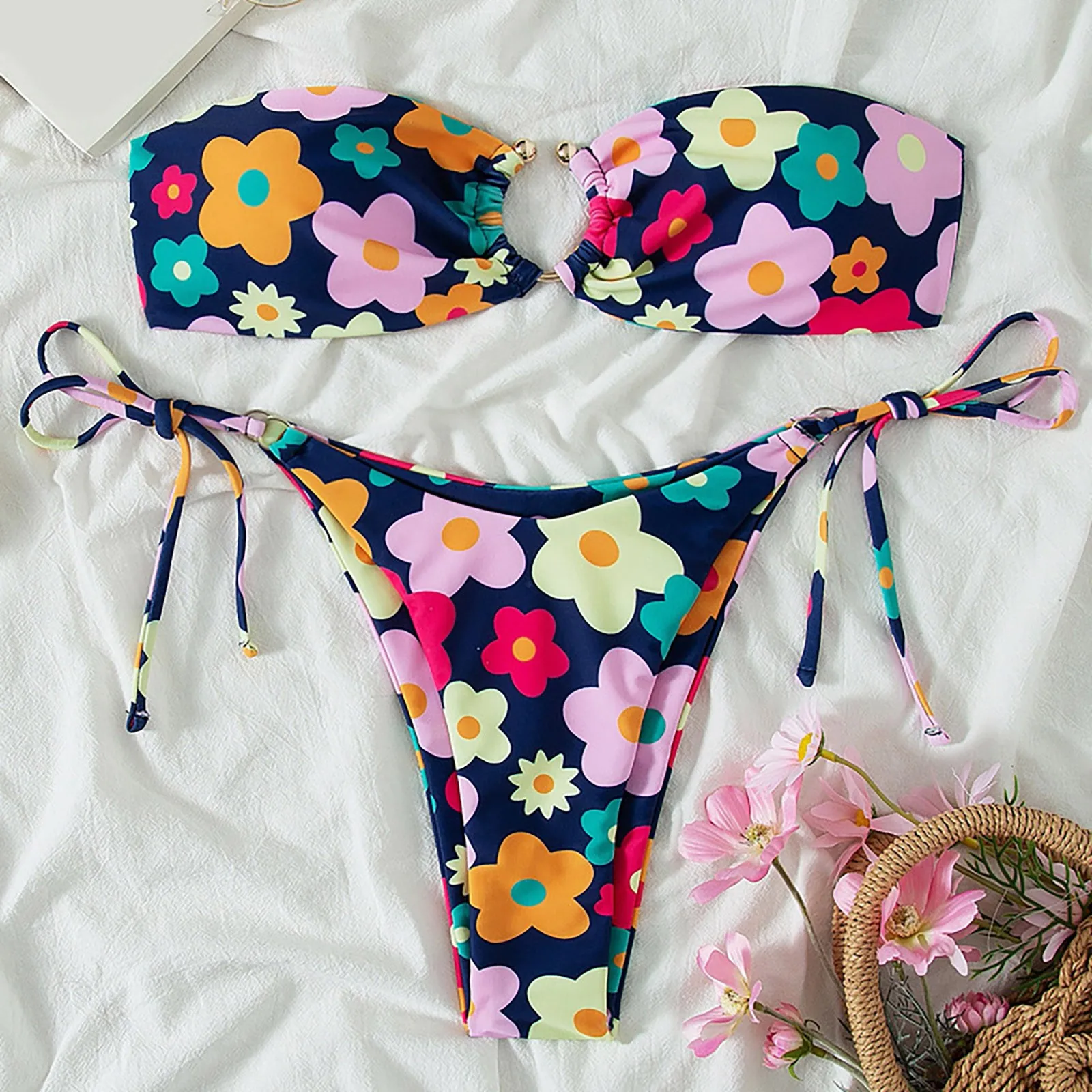 2023 Sexy Bandeau Bikini Women Swimsuit Floral Bandage Swimwear Female Thong Brazilian Bikini Set Low Waist Bather Bathing Suit