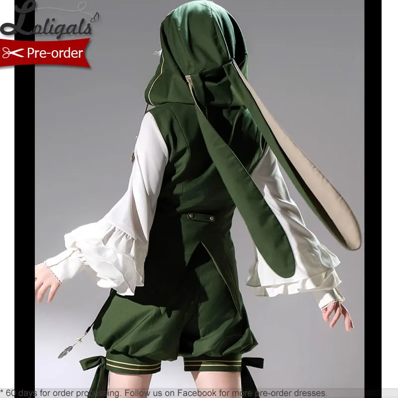 2025 nuevo chaleco con capucha con orejas de conejo largo Retro verde vid/pantalones cortos bombachos para Cosplay/capa con borlas traje Ouji Lolita