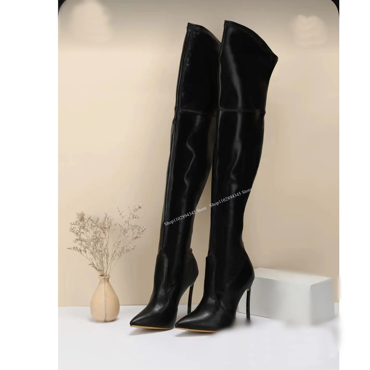 Black Over Knee High Boots Thin High Heel Pointed Toe Cool Sexy Fashion Winter Casual Big Size Woman Shoes Zapatillas Mujer