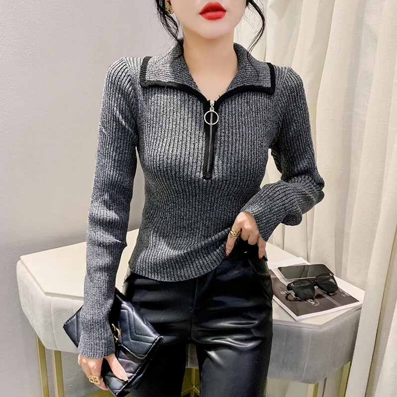 

2024 New Fall Winter Korean Clothes Knitwear Sweater Chic Sexy Turn-down Collar Zipper Women Tops Long Sleeve Pullover Top 31103