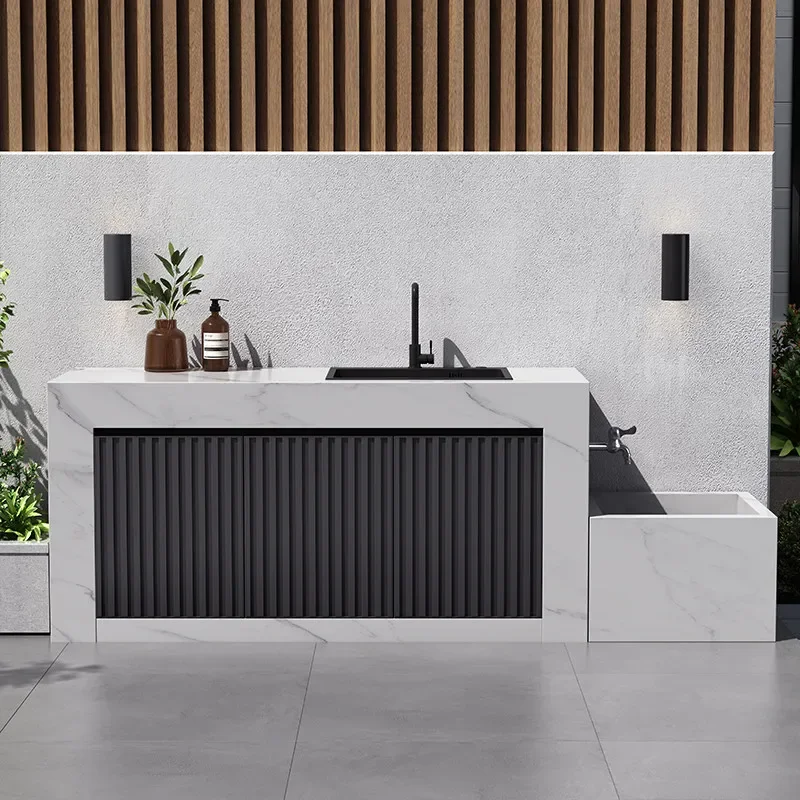 Outdoor Stone Slab Console Table with Integrated Basin Garden Wash Sink Cabinet for Poolside Patio Island