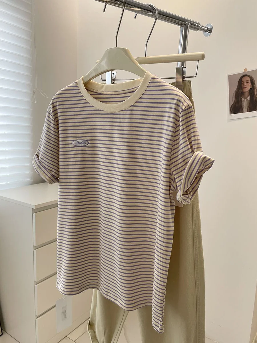 

plus Size 300 Pou Fat MM Retro Artistic Pure Cotton Striped ort Sve T-irt Women's Korean Sle Lazy Top Trendy Summer