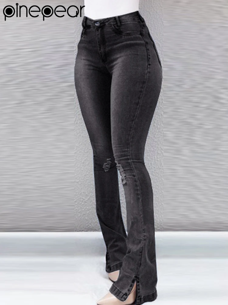 PinePear 2026 NEW Women Ripped Split Flared Jeans High Waist Wide Leg Bootcut Denim Pants Streetwear Vintage Blue/Black Trousers