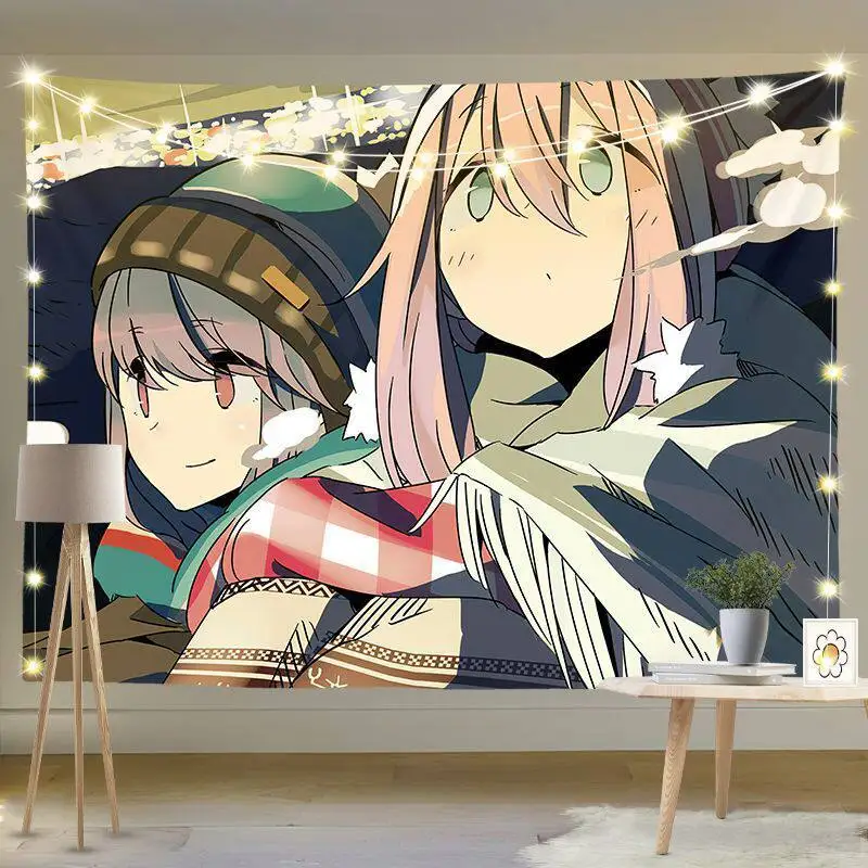 Cute Cartoon Yuru Camp Wall Tapestry Decorative Hanging Ideal for Dormitory Bedroom Rental Spaces Renovation