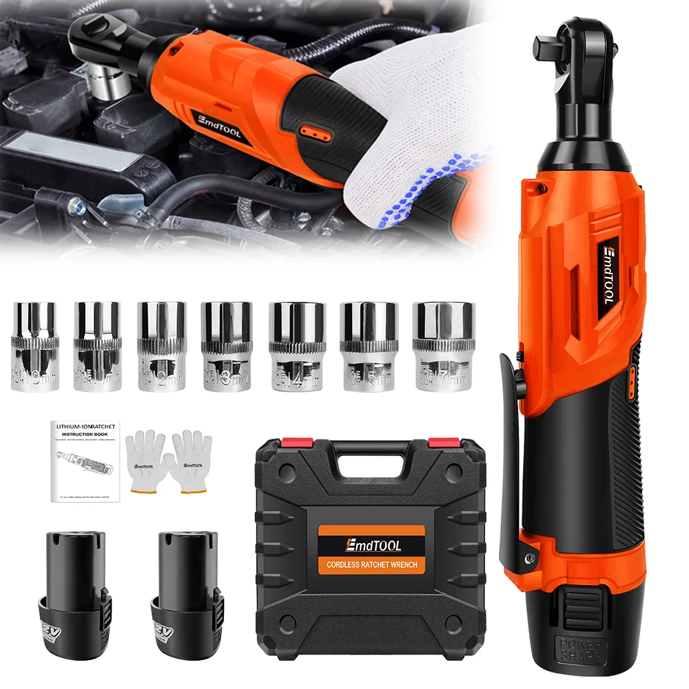 12V Cordless Electric Wrench 3/8” Electric Cordless Ratchet Wrench Set, 2 Packs Batteries, LED Work Light, 7 Sockets, Gloves