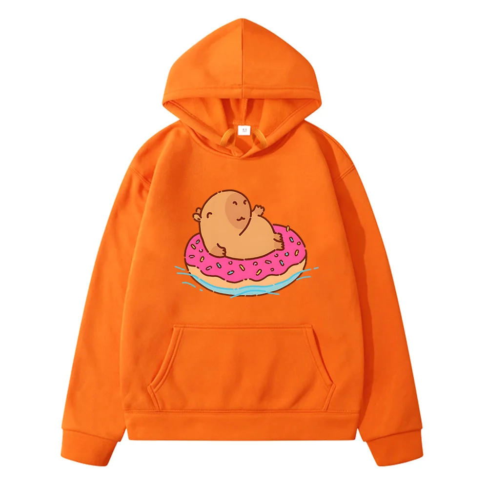 Doughnut and Capybara Funny Animals Graphic Clothes Cute Anime Hoodies Autumn/Winter Fleece Warm Unisex Sweatshirts Long Sleeve