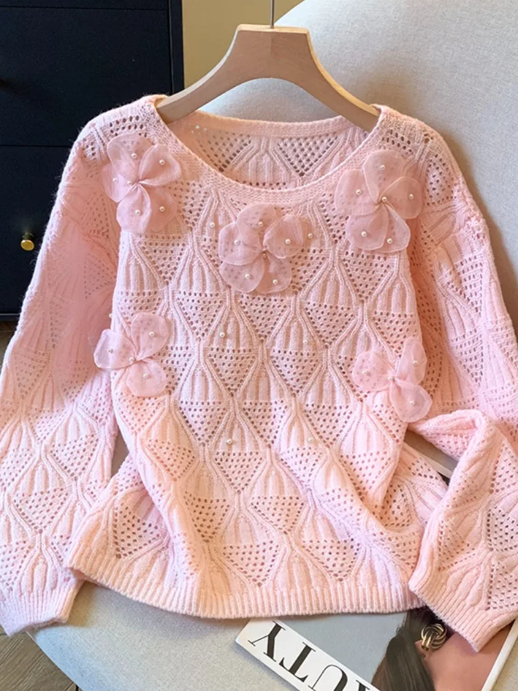 Heavy Embellied Flower Long Sve Hollow out Knitted Sweater Women Early Autumn Loose Lazy Sle Knitwear Commute Sle