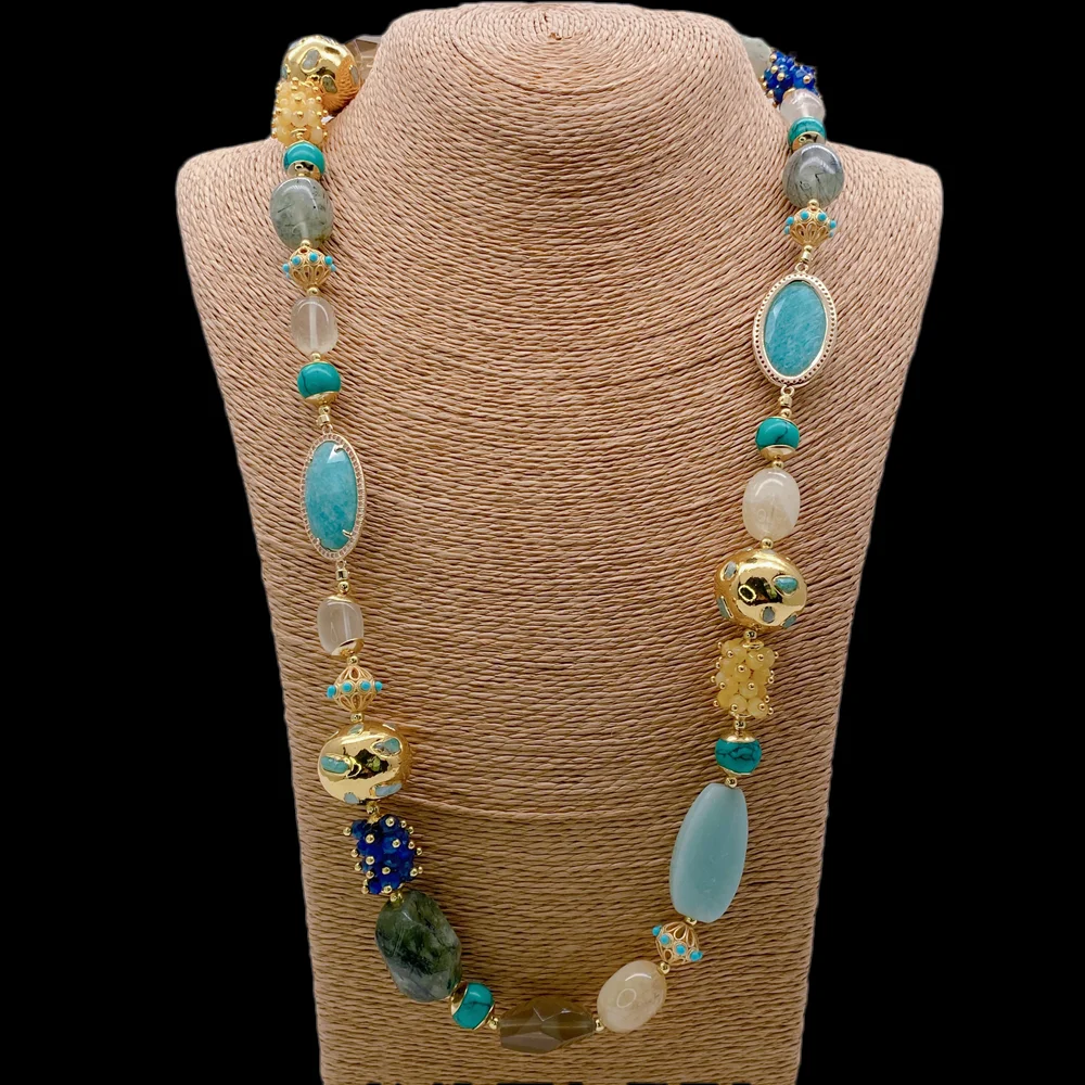 

Y·YING Natural different shape natural amazonitegreen prehnitesmoky quartz chrysoprase jade Long Necklace