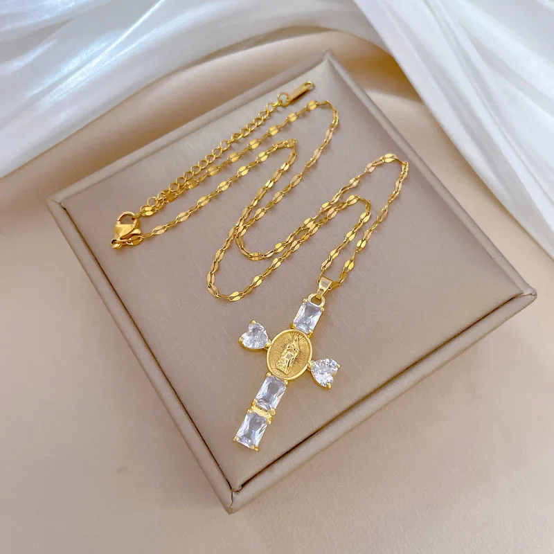 Classic Personalized Love Virgin Mary Micropaved White Jewelry Necklace Gorgeous Stainless Steel Clavicle Chain