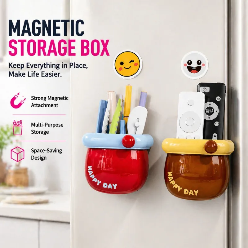 Magnetic Storage Box, Refrigerator Kitchen Clutter Organizer, Multipurpose Desktop Pen Holder Creative Stationery  Case