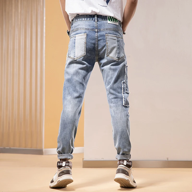 High Street Fashion Men Jeans Retro Light Blue Stretch Slim Fit Ripped Jeans Men Embroidery Patched Designer Hip Hop Denim Pants