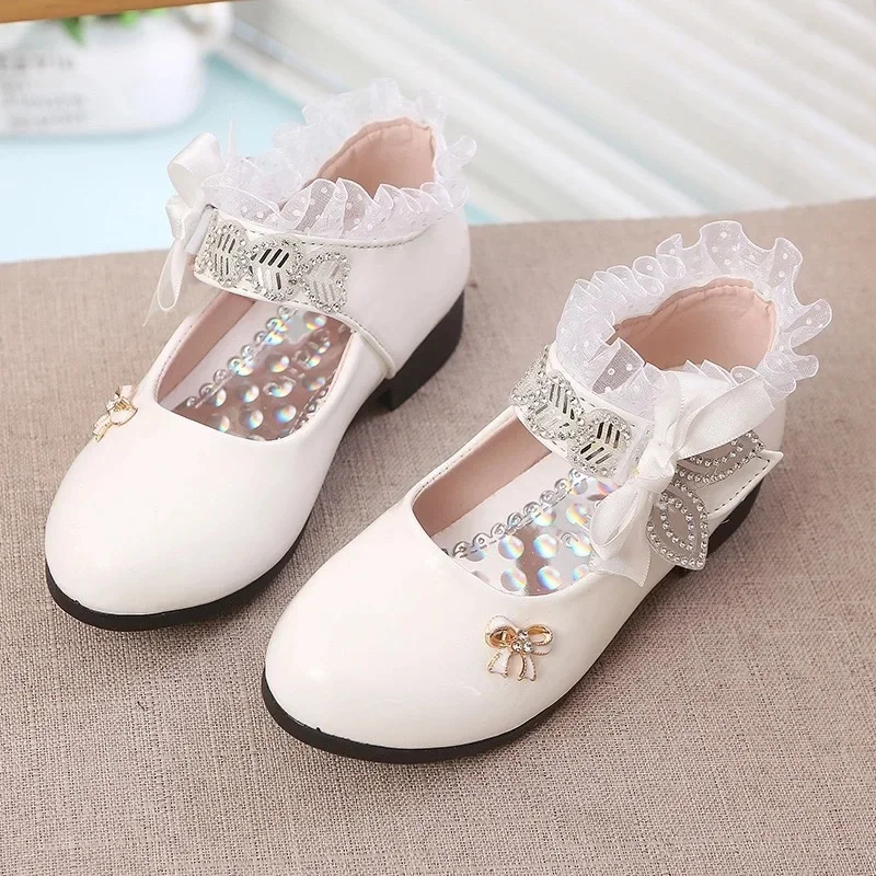 Zapatos de princesa para niña, calzado de baile de tacón alto, zapatos de cuero con diamantes de agua, Mary Jane, primavera y otoño