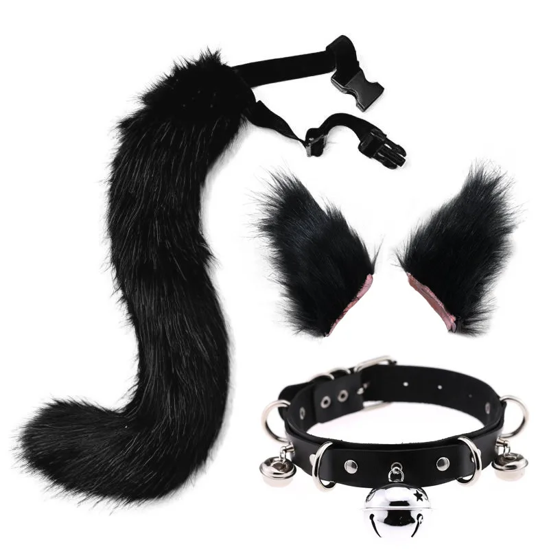 

Simulated Plush Animal Ear Set Fox Cosplay Ears Hair Clip Tail 3 pcs Set Comic Exhibition Props Pu Bell Collar Halloween Props