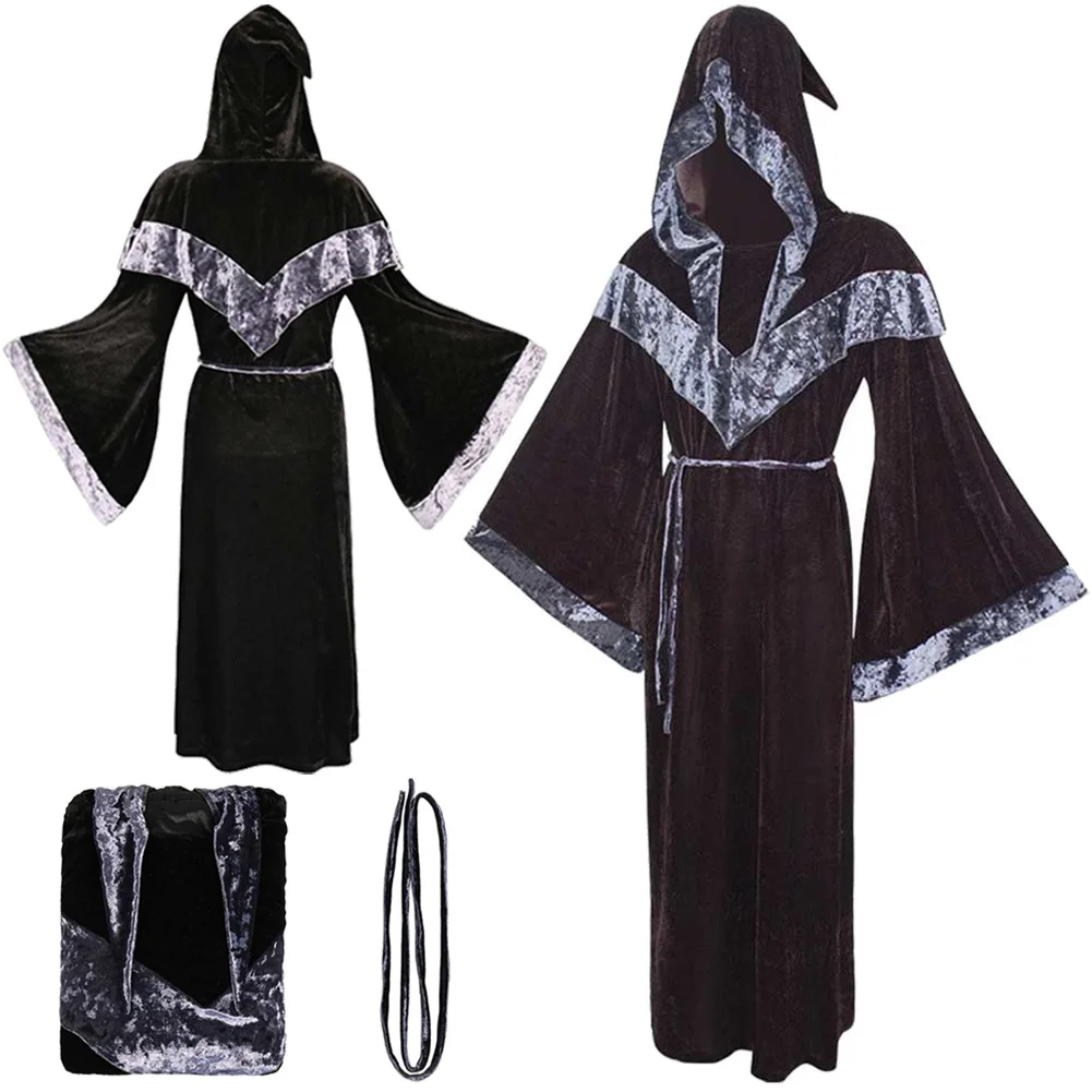 Witch Cosplay  Golden Velvet Hooded Robe Costume Gothic Retro Disguise Robe Outfits Female Girls Halloween Party Rolepaly Suits