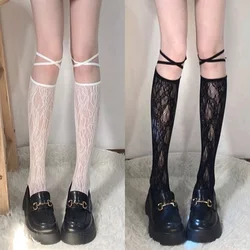 Y2K Lace Knee Socks with Ties Girls Street Split Toe Strappy Fishnet Stockings Cool JK Women Japanese Lolita Long High Sock