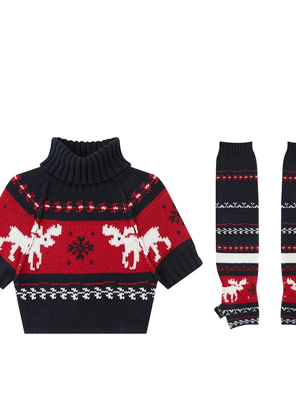 

Street Style Slimming Two-Piece Set High Collar Short Sleeve Belly Baring Sweater Skirt Festive Reindeer Embroidery Wint...