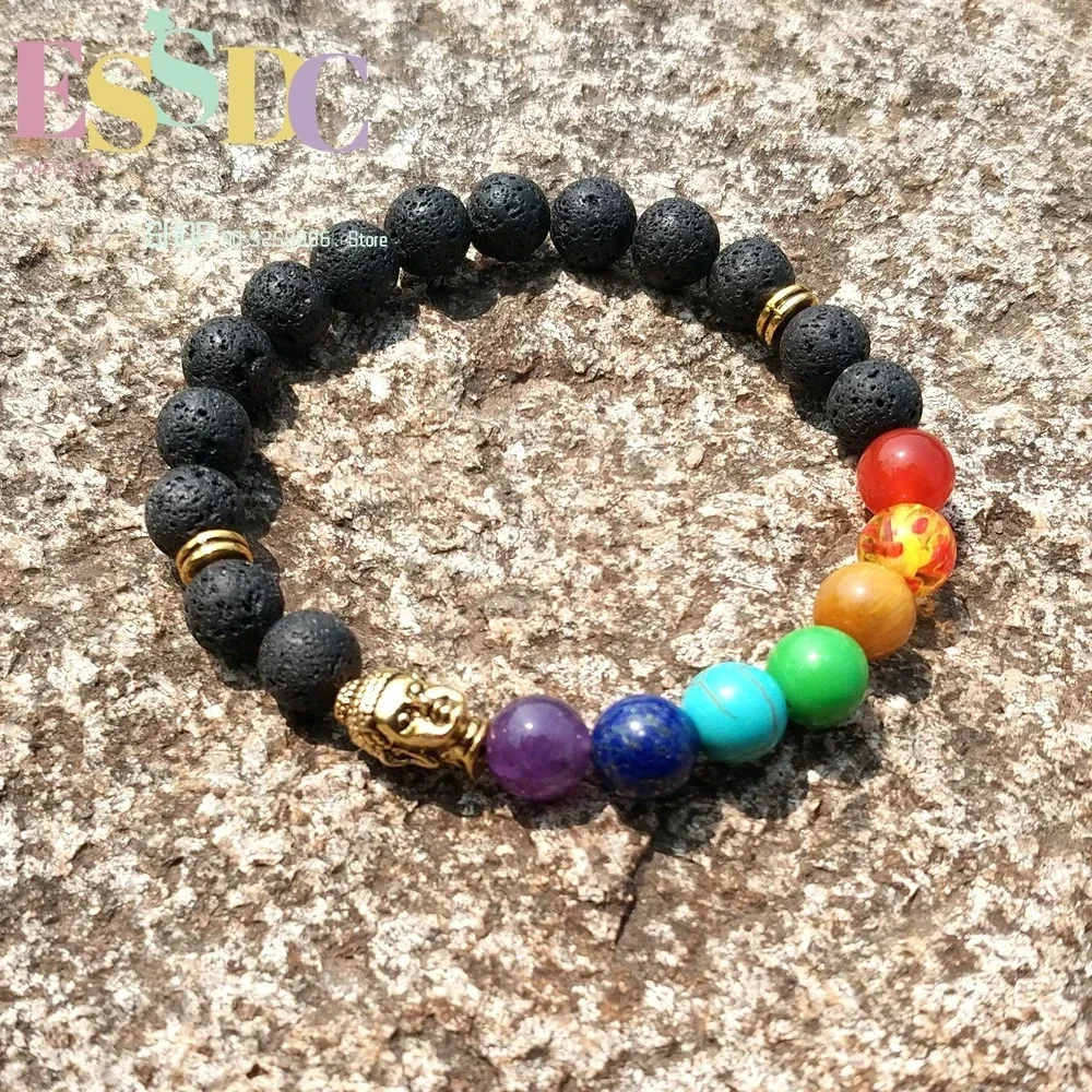 ESSDC 8mm Yoga Energy Black Volcanic Stone Regalite Beads  Golden Buddha Head Charm 7 Chakras Bracelet Summer 2025 New