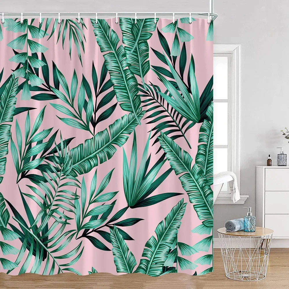 Green Leaves Shower Curtains Monstera Palm Leaf Green Plants Botanical Bathroom Curtain Greenery Bath Deorations with Hooks