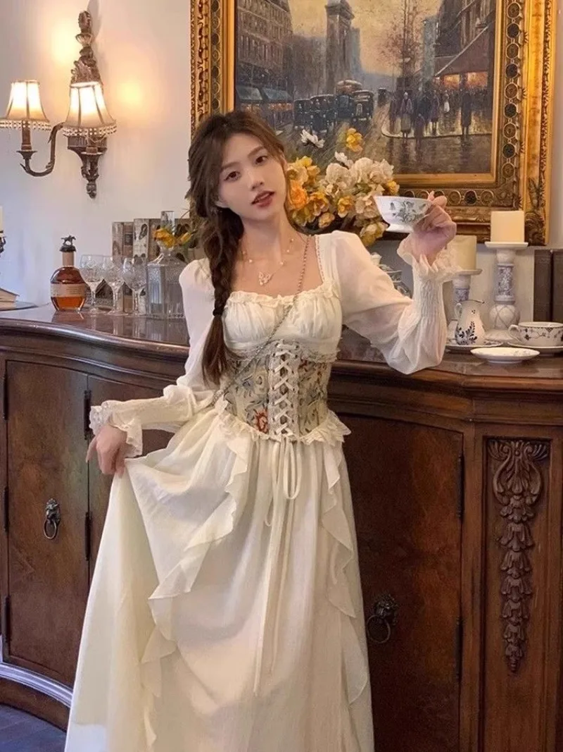 Miiiix French Princess Long Dress Women's 2024 Early Spring Palace Style Sweet Vintage Oil Painting Lace Waist Cover Dresses