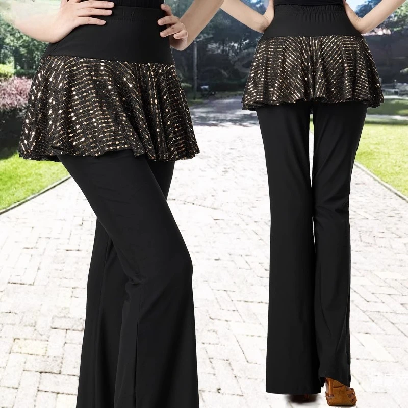 A nova moda trajes de dança quadrada lantejoulas saia calças feminino adulto dança latina prática roupas dança moderna calças alargamento