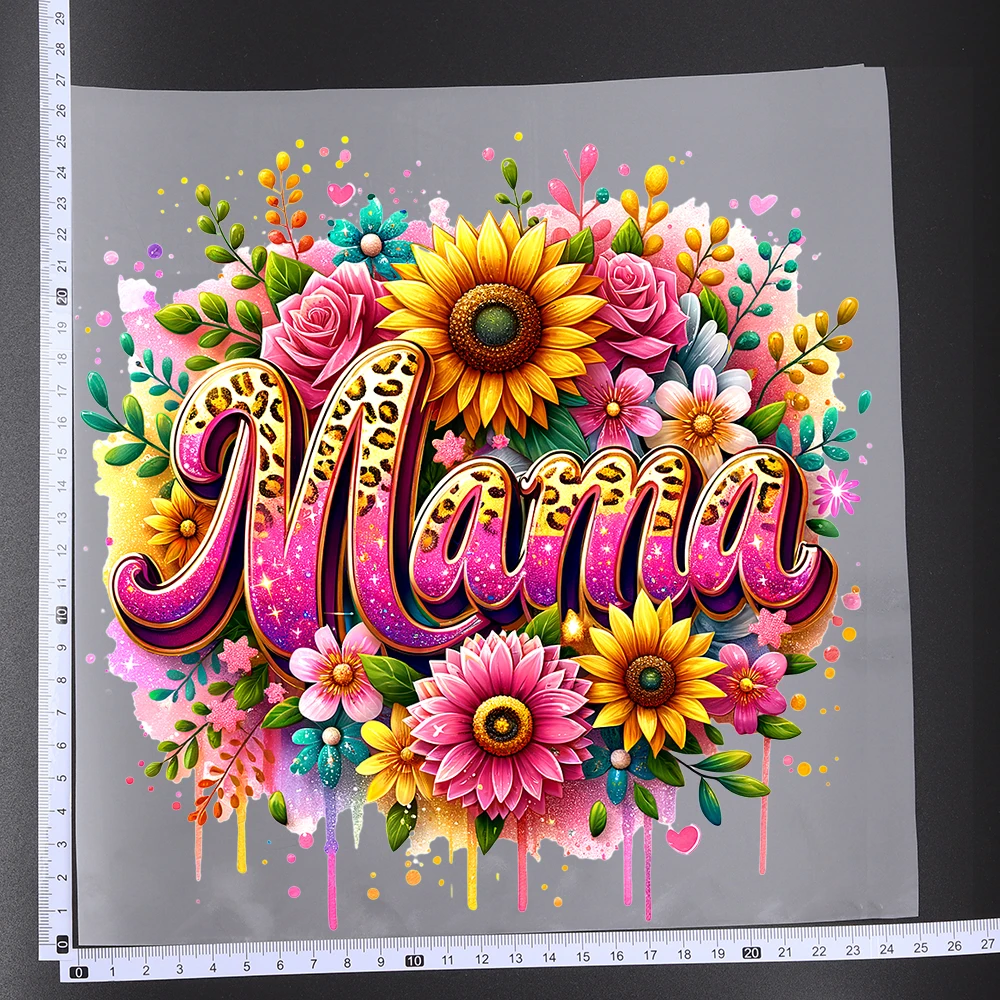 25CM Sunflower Rose Floral Mama Letter Heat Transfer Patches For Clothes DIY A-Level Washable Shirt Iron-on Thermal Stickers