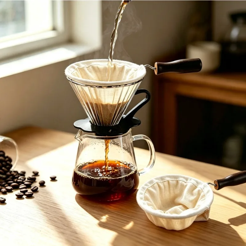 Coffee Sock Filter, Reusable Coffee Strainer Cloth for Handmade-Coffee | Washable Cloth Coffee Filters with Wooden Handle