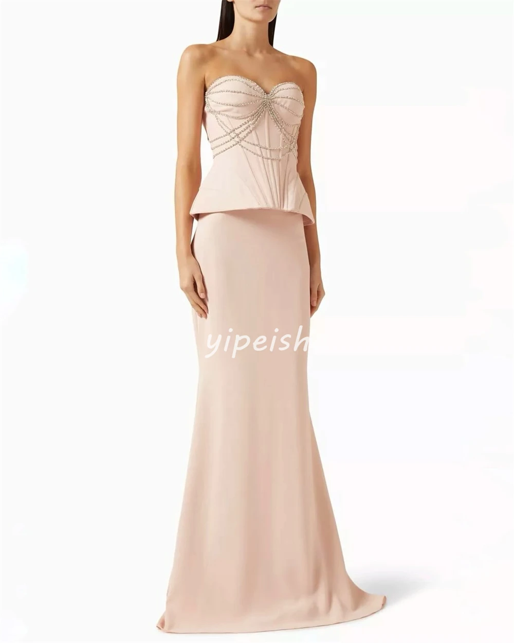 Customized Elegant Women Jersey Beading Ruched Straight Evening Dresses Fashion Strapless Sleeveless Floor Lenght Prom Dresses