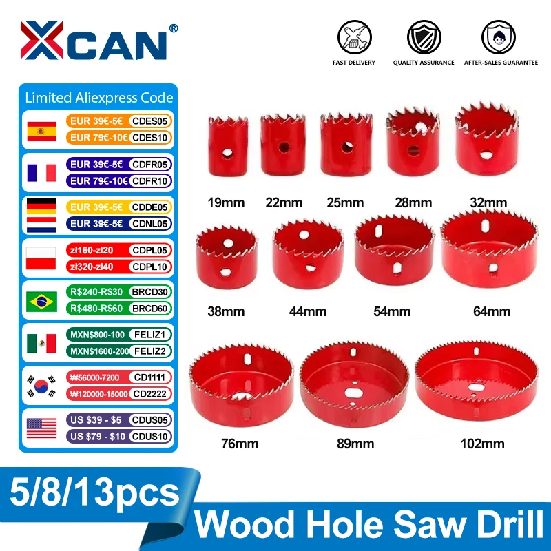 XCAN Drill Bit Hole Saw Set 5/8/13pcs 19-127mm   Wood Metal Drilling Tools Hole Core Cutter Hole Saw Drill