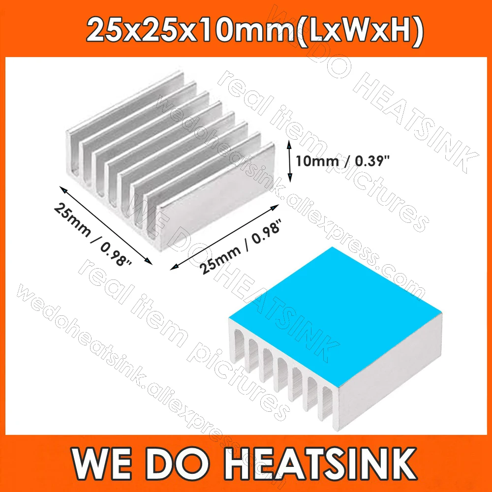 

25x25x10mm Silver Aluminum Extruded Heatsink Radiator Cooler With Thermal Adhesive Pad Assembly Applied