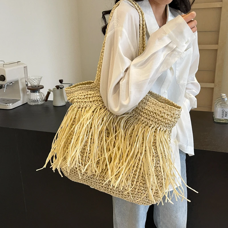 Borse a tracolla in paglia borsa Tote femminile in paglia solida intrecciata borse Casual con manico superiore per le vacanze di moda fatte a mano borsa da spiaggia da donna