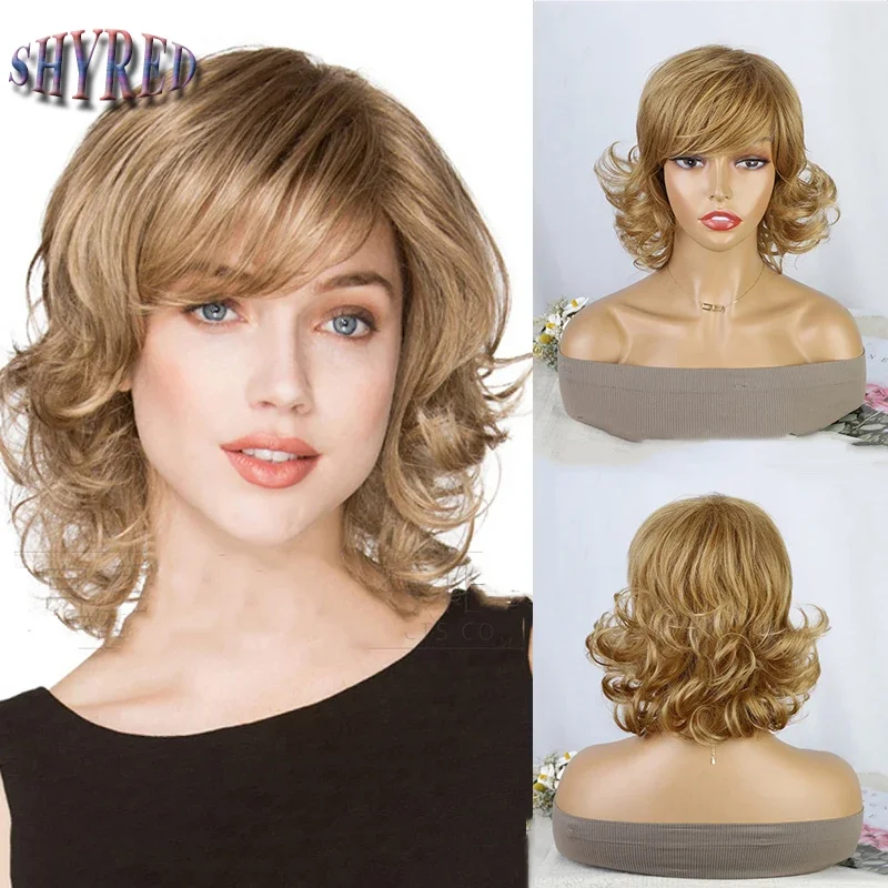 Ombre Blonde Short Curly Hair Women Wigs with Bangs Pixie Cut Synthetic Wig Heat Resistant Natural Style Fake Hair