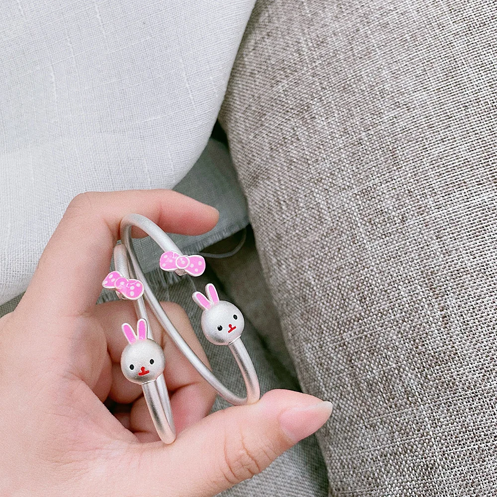 Unique 990 Sterling Silver Bangles with Cute Rabbit Charm for Mother and Child, Perfect Gift for Kids or Women