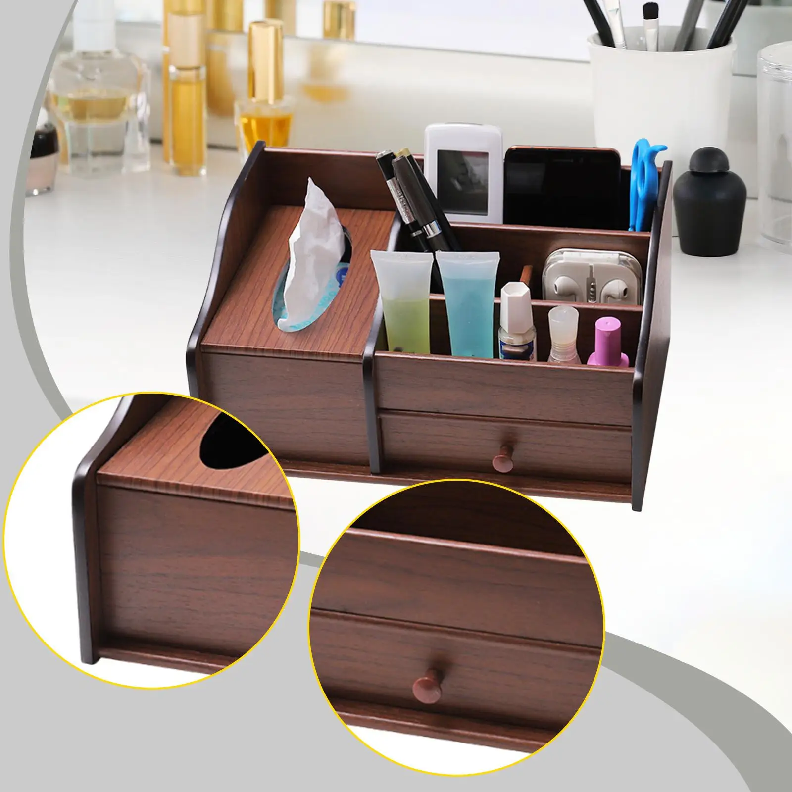 

Деревянный настольный органайзер с выдвижным ящиком, крышка коробки для салфеток, элегантный многофункциональный пульт дистанционного управления
