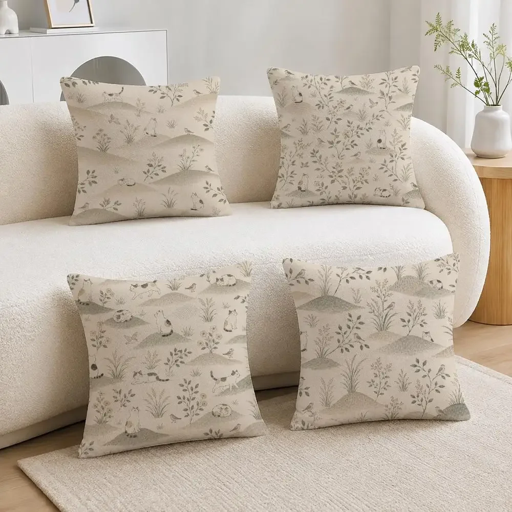 Handdrawn Japandi Japanese Natural Hand-drawn Cushion Cover Soft Fluffy Short Plush  Pillow Case  Sofa Bed Home Decor